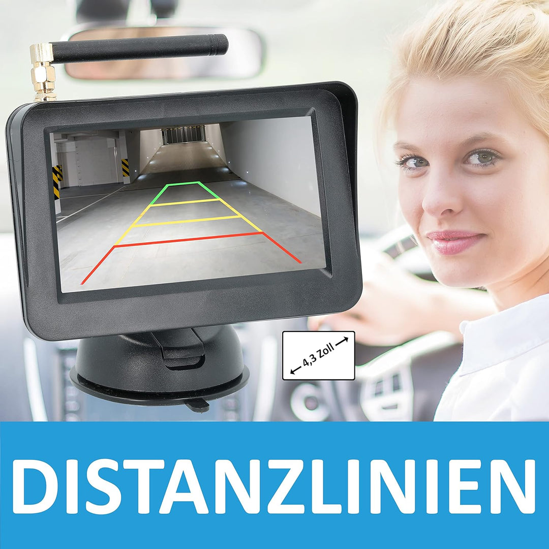 VSG24 4,3“ Funk Rückfahrsystem Select ONE für PKW, KFZ Set kabellos inkl. Rückfahrkamera + Monitor,