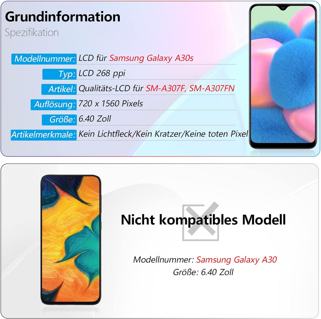 RongZy Ersatz Display Kompatibel für Samsung Galaxy A30S A307 Touchscreen Bildschirm Digitizer Glas