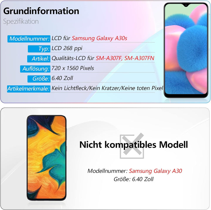 RongZy Ersatz Display Kompatibel für Samsung Galaxy A30S A307 Touchscreen Bildschirm Digitizer Glas