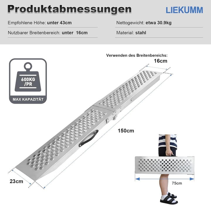 LIEKUMM 2X Auffahrrampe,150 cm Stahl Klabbar Laderampe, 600 kg Tragkraft Auffahrrampe für Anhänger,