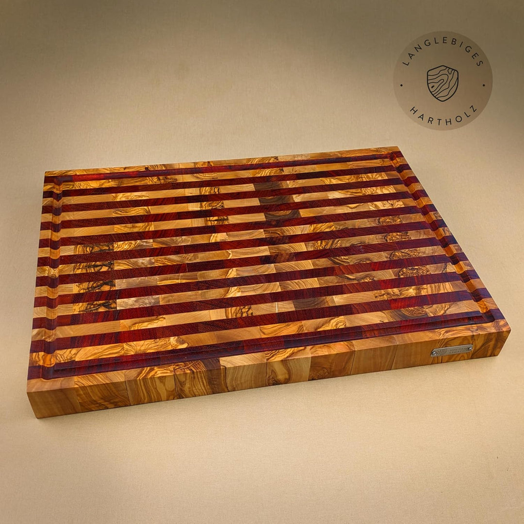 DAS OLIVENHOLZBRETT® Exklusives Mosaik & Stripes Schneidebrett Mit Saftrille - Luxus Hirnholzbrett A