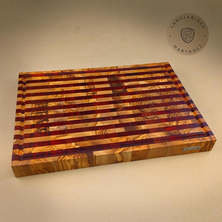 DAS OLIVENHOLZBRETT® Exklusives Mosaik & Stripes Schneidebrett Mit Saftrille - Luxus Hirnholzbrett A