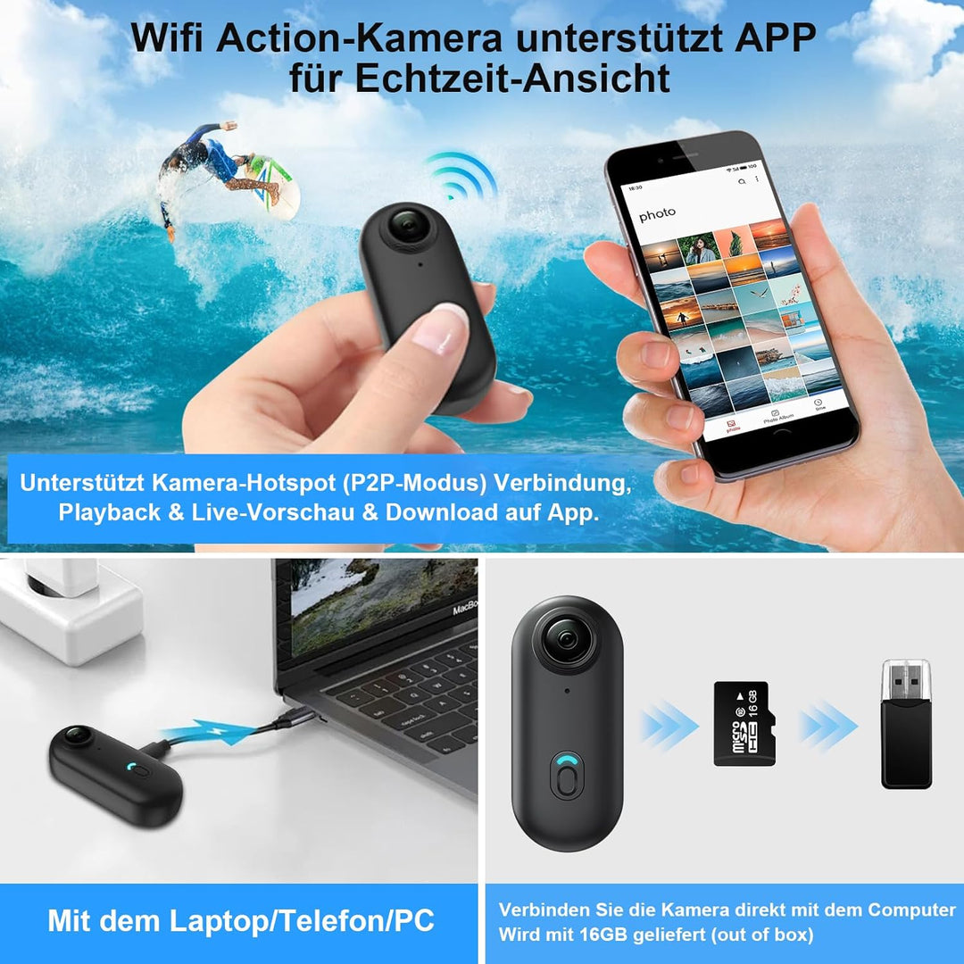 Action Cam, 170° Wifi Action Kamera, HD 1080P Motorradhelmkamera, 16GB-Magnet-Fahrradvideokamera, Wa
