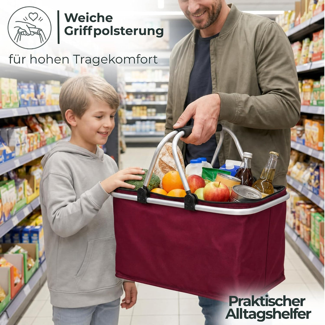 Novaliv Einkaufskorb faltbar Thermokorb mit Kühlfunktion 30 Liter WEINROT Isolierkorb mit gepolstert