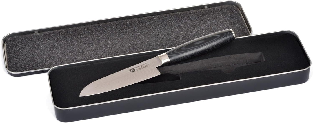 GRÄWE Damaszener Santokumesser 12 cm - Damast-Küchenmesser mit 65-lagiger Klinge und Micarta-Griff,