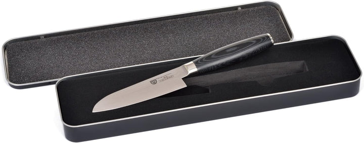 GRÄWE Damaszener Santokumesser 12 cm - Damast-Küchenmesser mit 65-lagiger Klinge und Micarta-Griff,