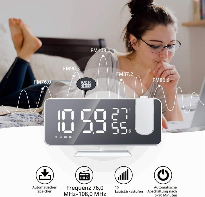 EVILTO Projektionswecker 180° Decke – Digitaluhr elektrisch Snooze-Funktion 12/24 Stunden Lautstärke