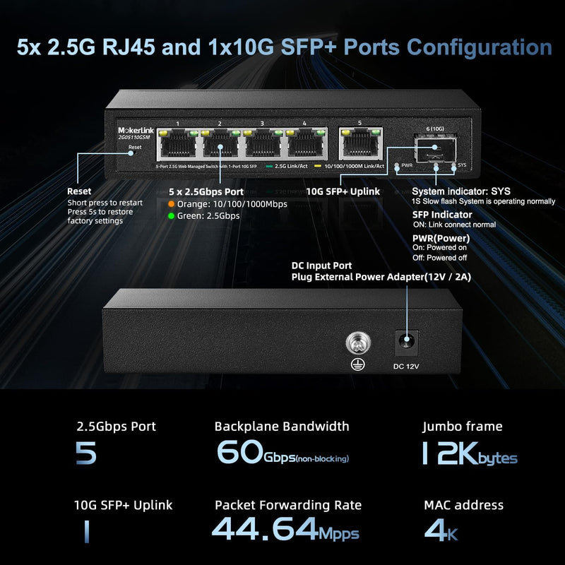 MokerLink 5 Port 2.5G Managed Ethernet Switch mit 10G SFP, 5 x 2.5G Base-T Ports, kompatibel mit 10/