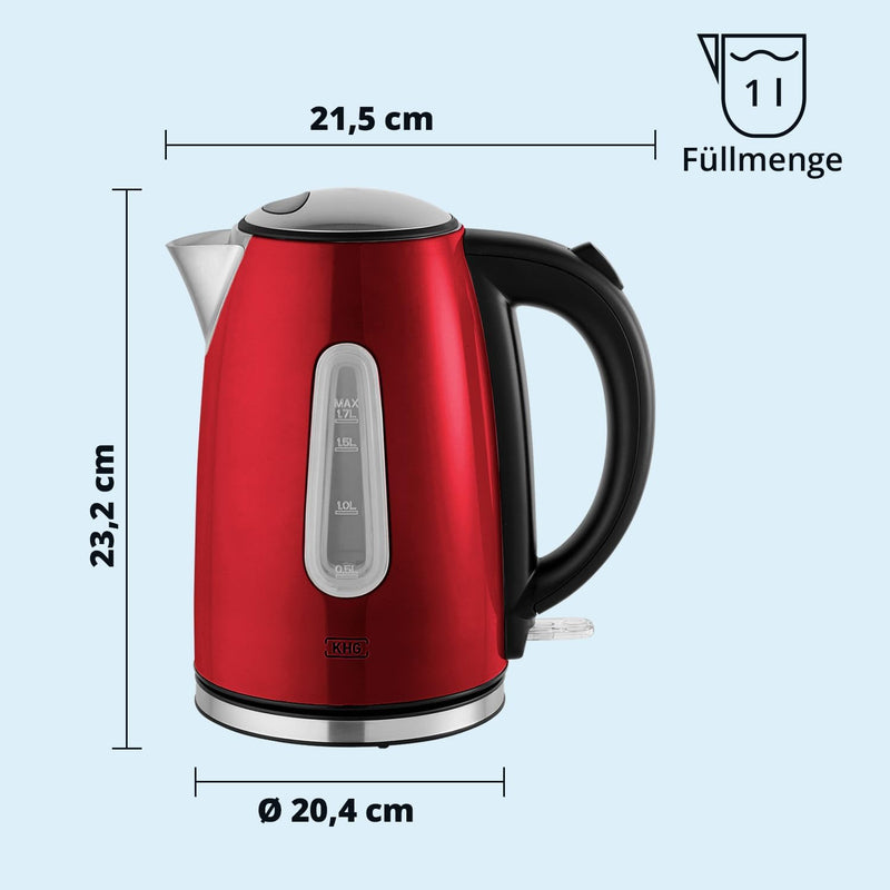 KHG Frühstücksset aus Wasserkocher & Toaster in Rot, Edelstahl Metallic Chrom, 1,7l Kapazität & 2 To