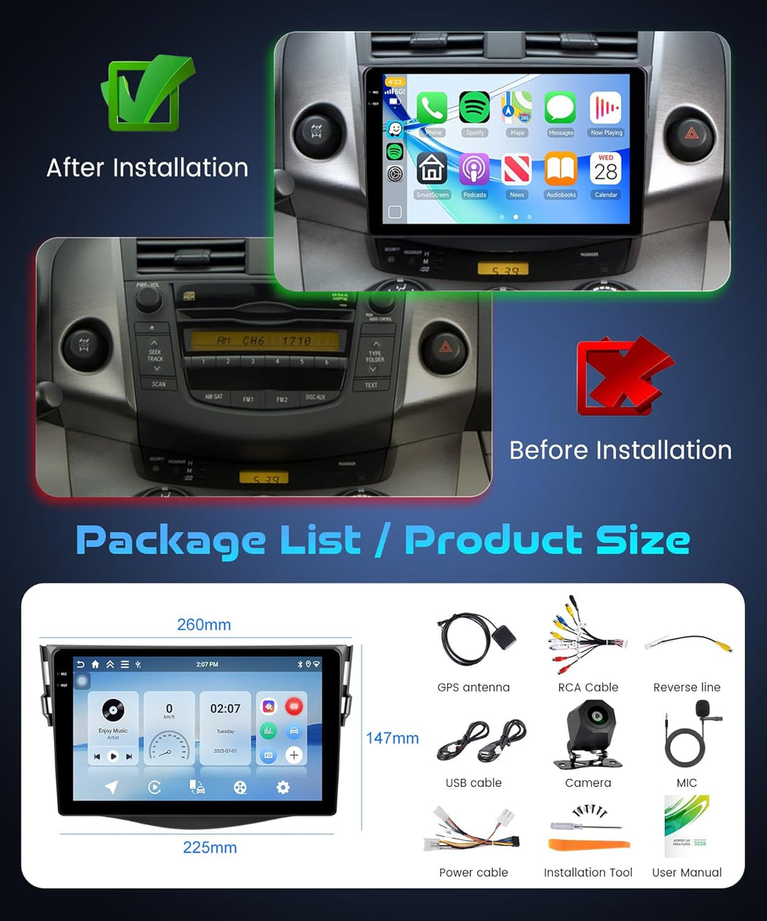 4G+128G Rimoody Android Autoradio für Toyota RAV4 2007-2012 9 Zoll HD Wireless Carplay Autoradio mit
