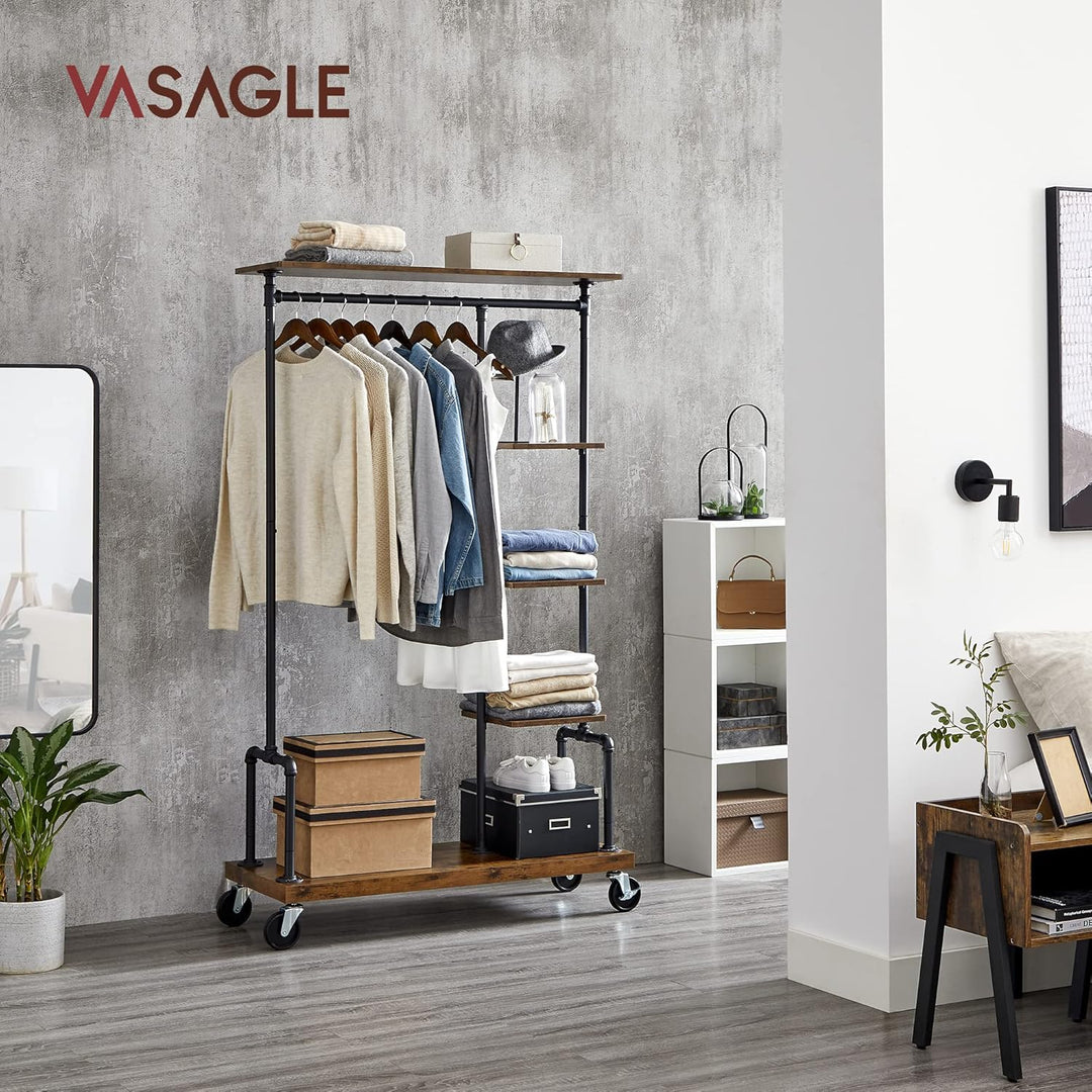 VASAGLE Kleiderständer auf Rollen, Garderobenständer, Kleiderstange mit 5 Ablagen, 40 x 103,5 x 174,