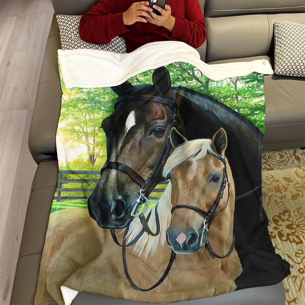 125 x 200 cm Flanell Decke Weich Fleecedecke Kuscheldecken SanftBettüberwurf 2 Pferde Wald Bauernhof