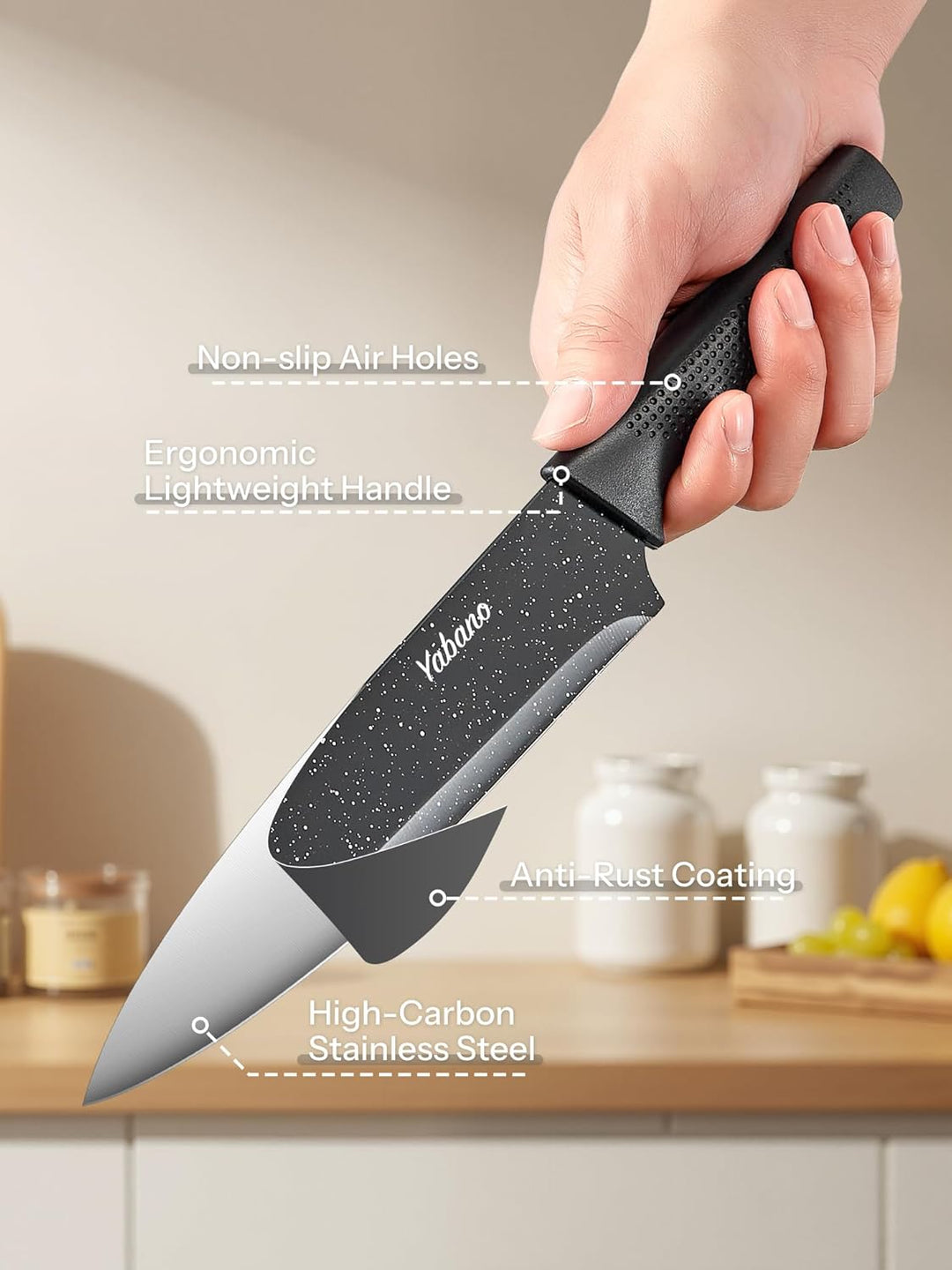 Yabano Messerblock Set, 7 teilig Messerset mit Messerblock und integriertem Messerschärfer,Küchenmes