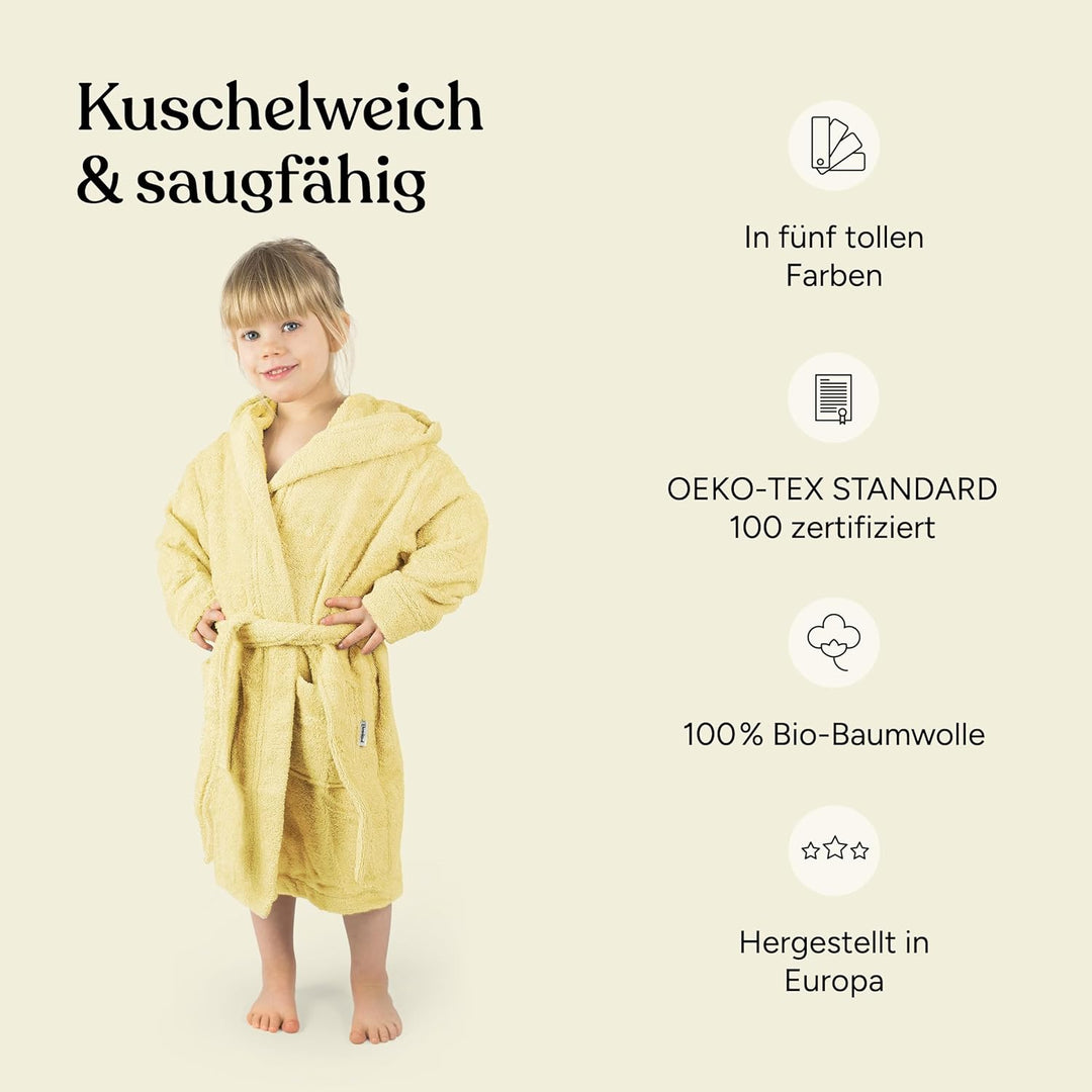 Ehrenkind® Bademantel Kinder mit Kapuze 100% Bio-Baumwolle | Kinderbademantel | Junge Mädchen 110-11