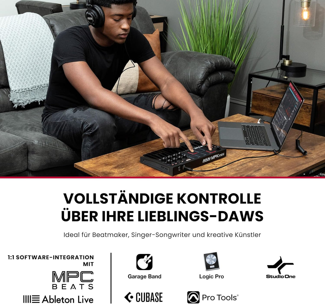 AKAI Professional MPK Mini MK3 – 25-Tasten USB MIDI Keyboard Controller, 8 hintergrundbeleuchtete Dr