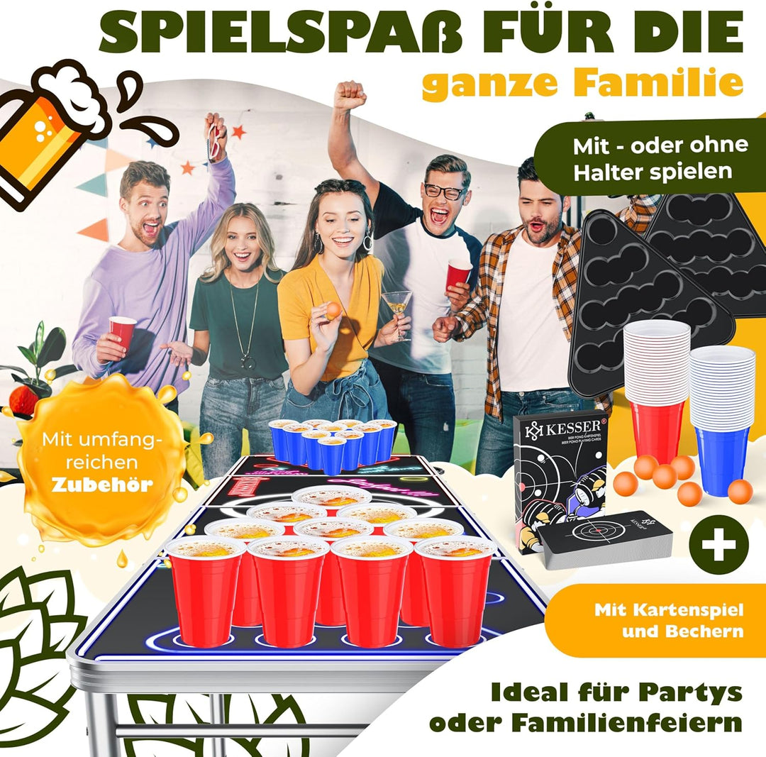 KESSER® Bier Pong Tisch Set mit Kartenspiel Trinkspiel LED-Action inkl. 100 Becher (50 Rot & 50 Blau