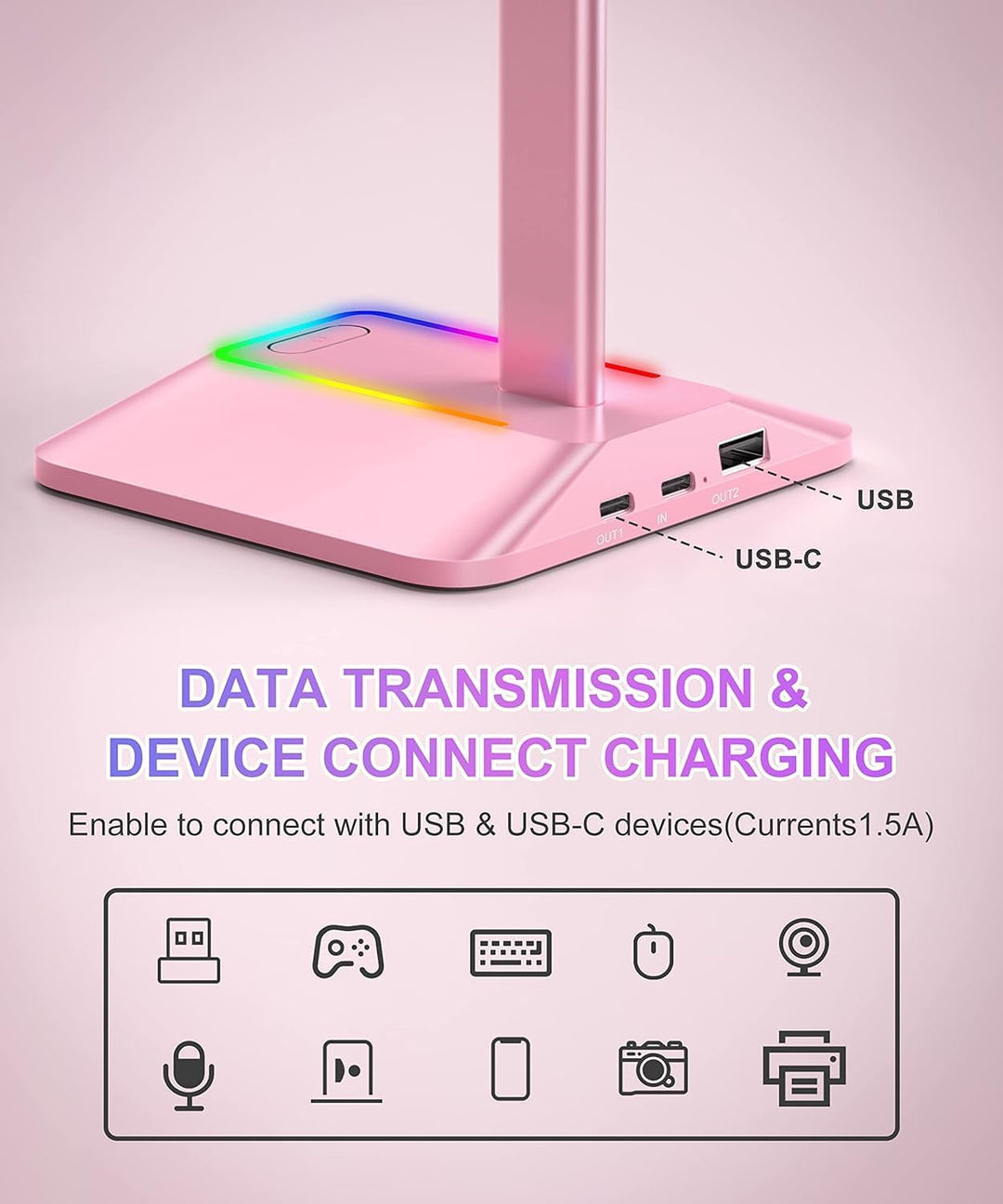 New Bee Kopfhörer Ständer RGB Headset Halterung mit USB Typ-C Ladegeräten und Datenübertragung Unive