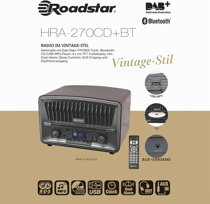 Roadstar HRA-270CD+BT Tragbares CD-Radio Vintage Digital Dab/Dab+/FM, CD-MP3-Player, Bluetooth, USB,