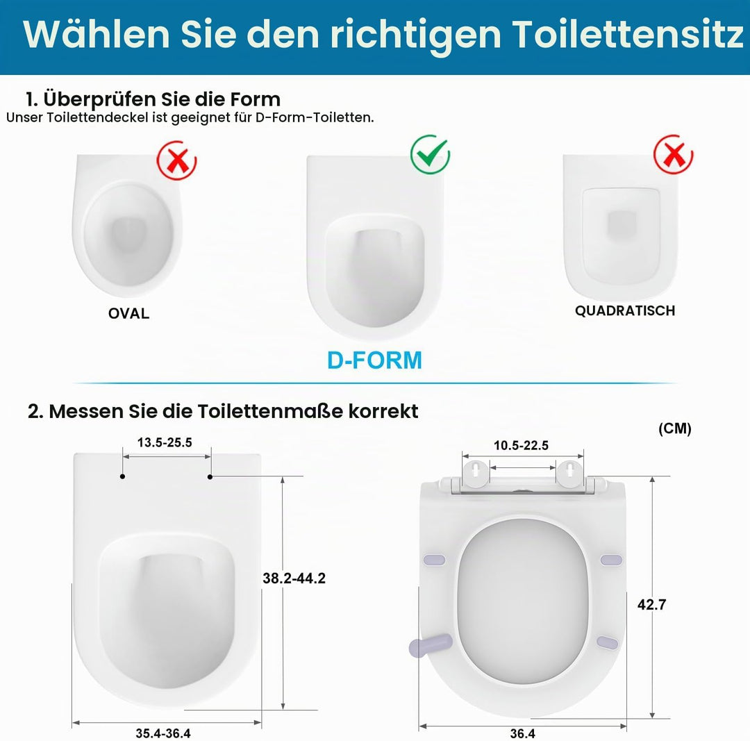 Toilettendeckel mit Absenkautomatik D-Form, Slim WC Sitz Weiss, Klodeckel Duroplast, Klobrille einfa