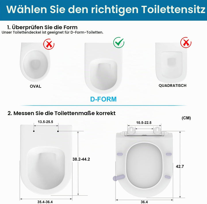 Toilettendeckel mit Absenkautomatik D-Form, Slim WC Sitz Weiss, Klodeckel Duroplast, Klobrille einfa