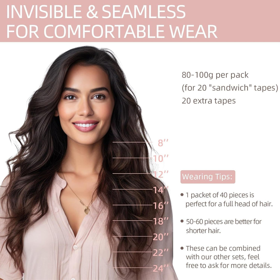 Silk-co Tape in Extensions Echthaar 40stk, Remy Tape Extensions Echthaar, Skin Weft Haarextensions K
