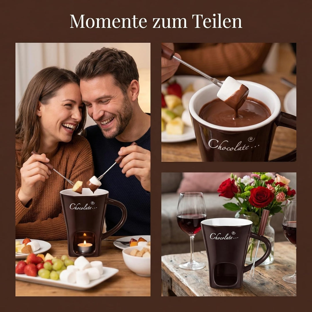 2 Stück Schokofondue Tasse, Käsefondue Set mit Gabel, Keramik Tasse Schoko Fondue, Schokoladenfondue