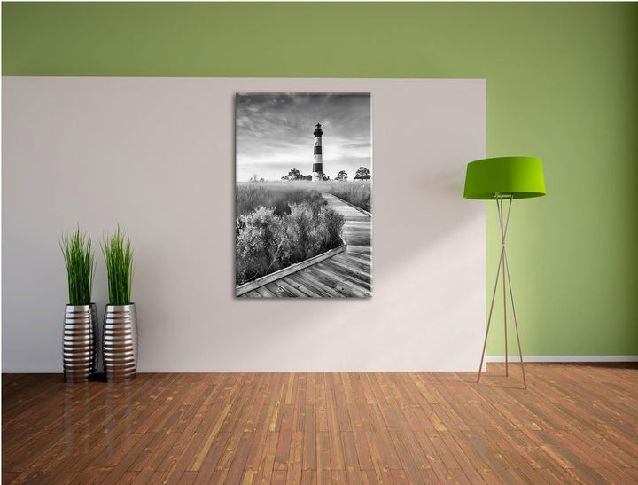 Pixxprint Leuchtturm im Nebel / 100x70cm Leinwandbild bespannt auf Holzrahmen/Wandbild Kunstdruck De