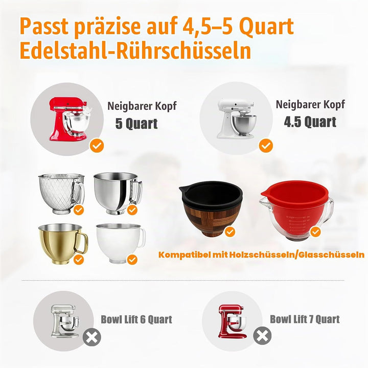Silikon Einlagen, kompatibel mit Kitchen Aid 4,5-5 Quart Mixer mit kippbarem Kopf, 2 Einlagen mit De