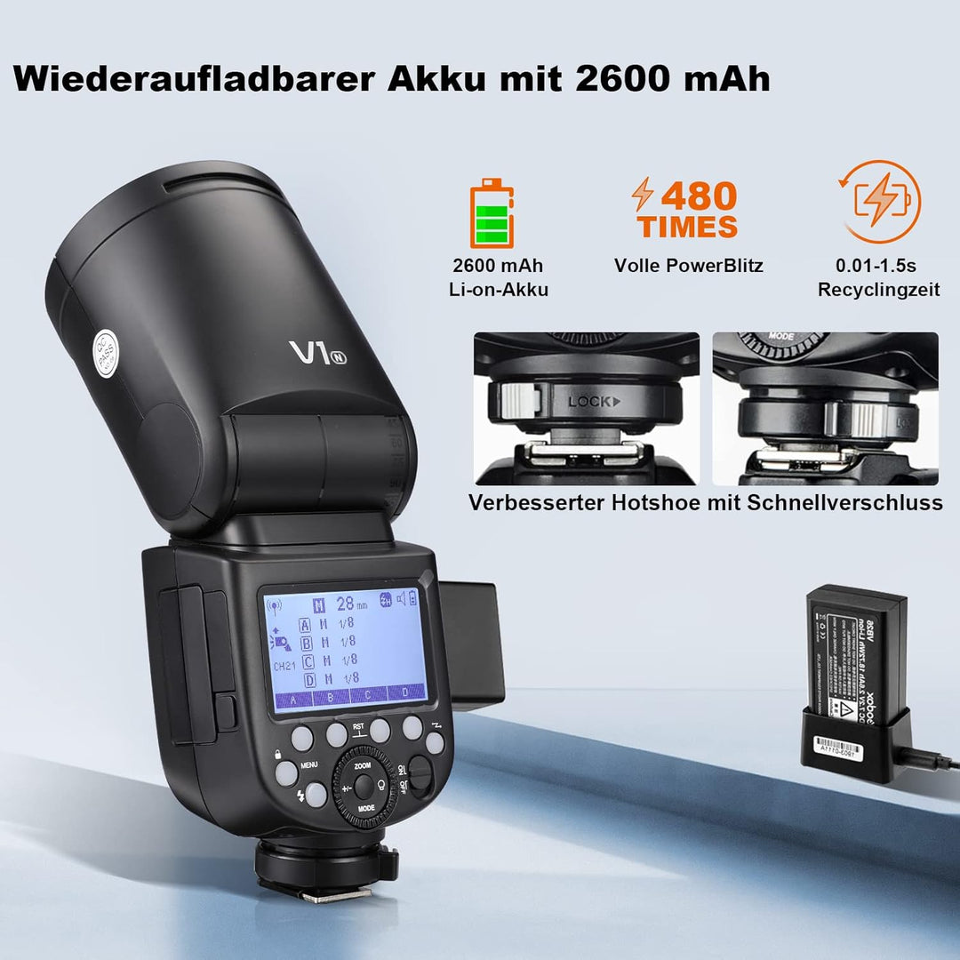 GODOX V1-S TTL Rundkopf Kamerablitz Kit,Rundblitz 2,4G 1/8000 HSS Speedlite 76W mit 2*VB26A Akku und