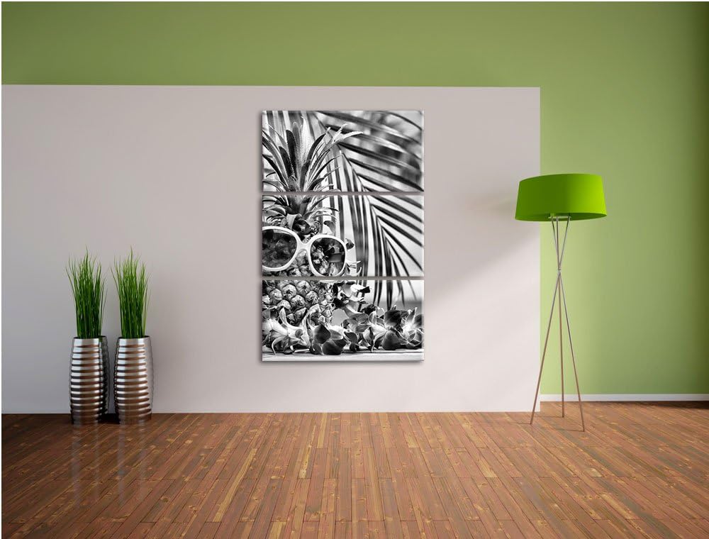 Pixxprint Monocrome, Ananas Urlaubsfeeling mit Sonnenbrille 3-Teiler Leinwandbild 120x80 Bild auf Le