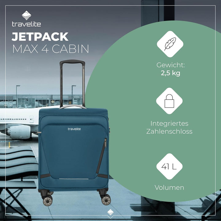 travelite Handgepäck Koffer mit 4 Rollen für Lufthansa, Austrian + Swiss, integriertes Zahlenschloss