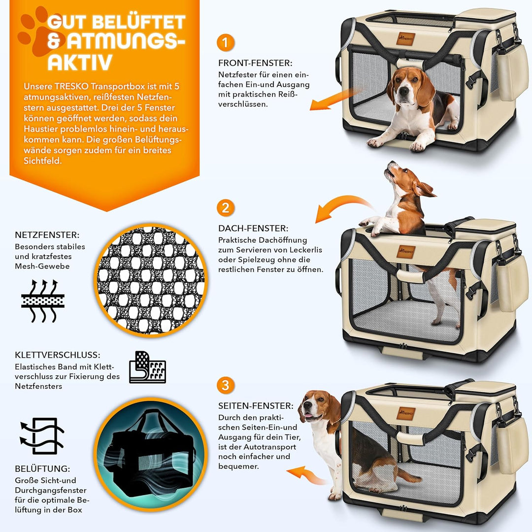 TRESKO® Hundebox faltbar inkl. Leckmatte, Spatel &amp; Reflektoren M 61x42x42cm | Transportbox für Hunde