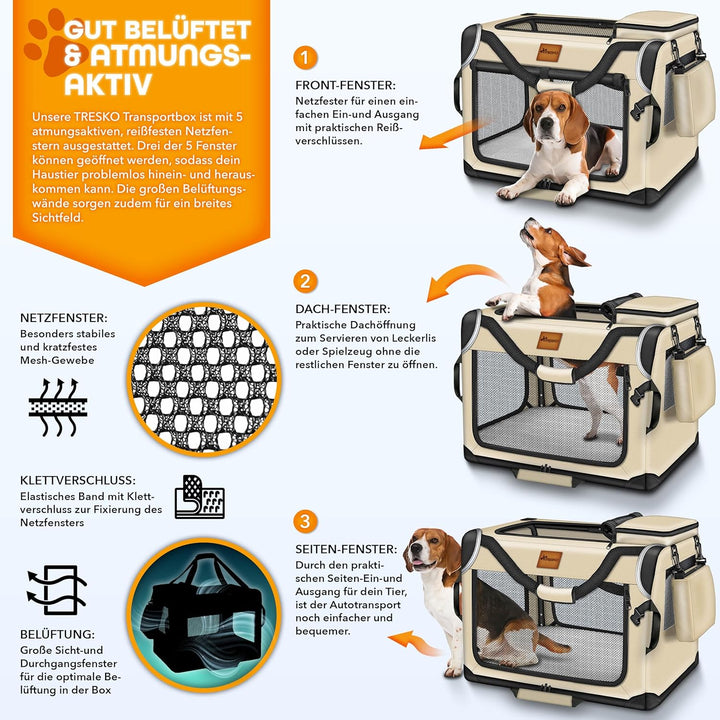 TRESKO® Hundebox faltbar inkl. Leckmatte, Spatel &amp; Reflektoren M 61x42x42cm | Transportbox für Hunde
