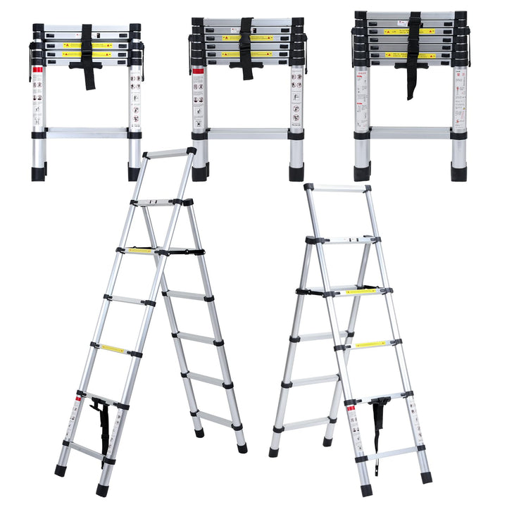 Fiqops 1,4m+1,7m Teleskopleiter aus Aluminium, 4+5 Stufen Klappleiter A-Rahmen Mehrzweckleiter Stehl