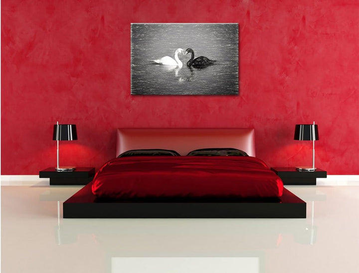 Pixxprint verliebte Schwäne schmusen Kunst Kohle Effekt, Format: 100x70 auf Leinwand, XXL riesige Bi