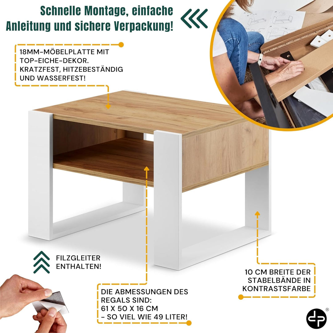 defiPad® Couchtisch mit Stauraum | Modern Wohnzimmertisch Eiche | 65CM Breite Kaffeetisch | Massiv u