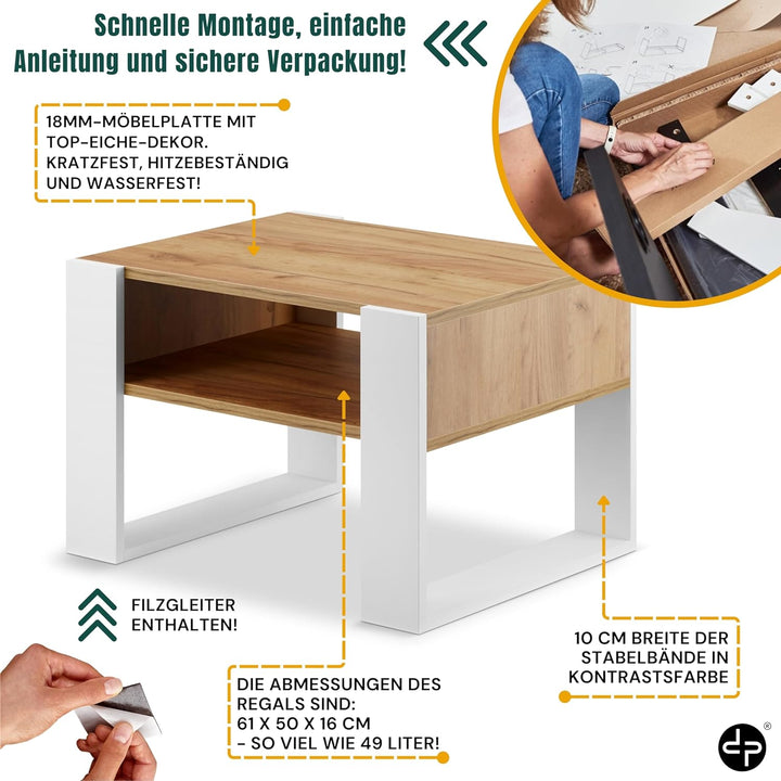 defiPad® Couchtisch mit Stauraum | Modern Wohnzimmertisch Eiche | 65CM Breite Kaffeetisch | Massiv u