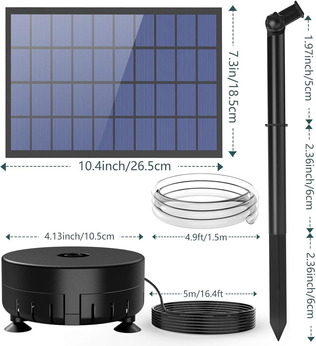 AISITIN 7W DIY Solar Springbrunnen, Upgrade Solar Teichpumpe mit 1.5m Wasserleitung und Feste Pfähle