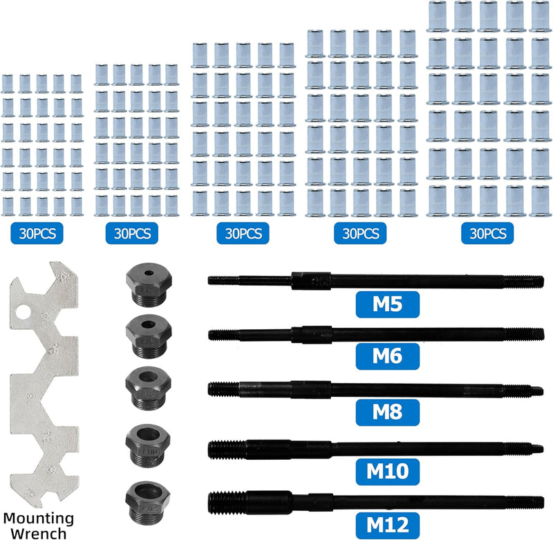 CCLIFE Profi Nietzange Set Nietmutternzange inkl. 150 Gewinde Nietmuttern aus Stahl in M5 M6 M8 M10