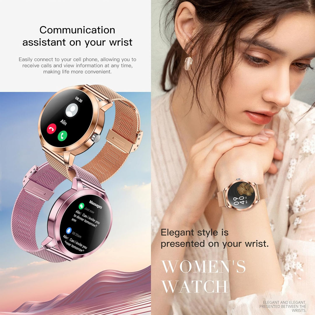 Smartwatch Damen mit Telefonfunktion, 1,09” Fitnessuhr mit 123 Sportmodi, Pulsmesser, Schlafmonitor,