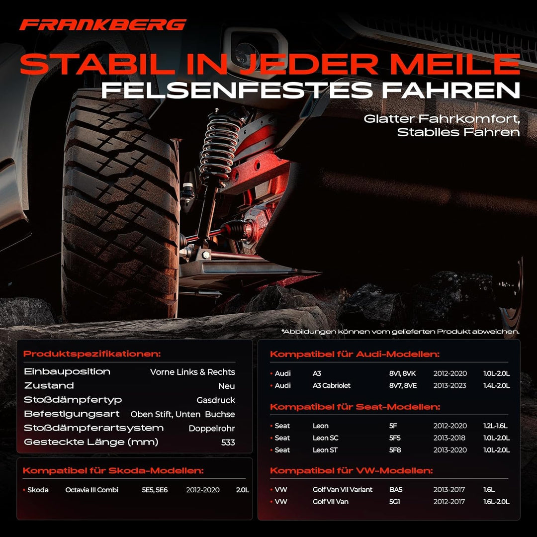 Frankberg 2x Stossdämpfer Vorderachse Kompatibel mit A3 8V1 8VK 8V7 8VE 8VM 8VS 2012-Heute A3 Sportb