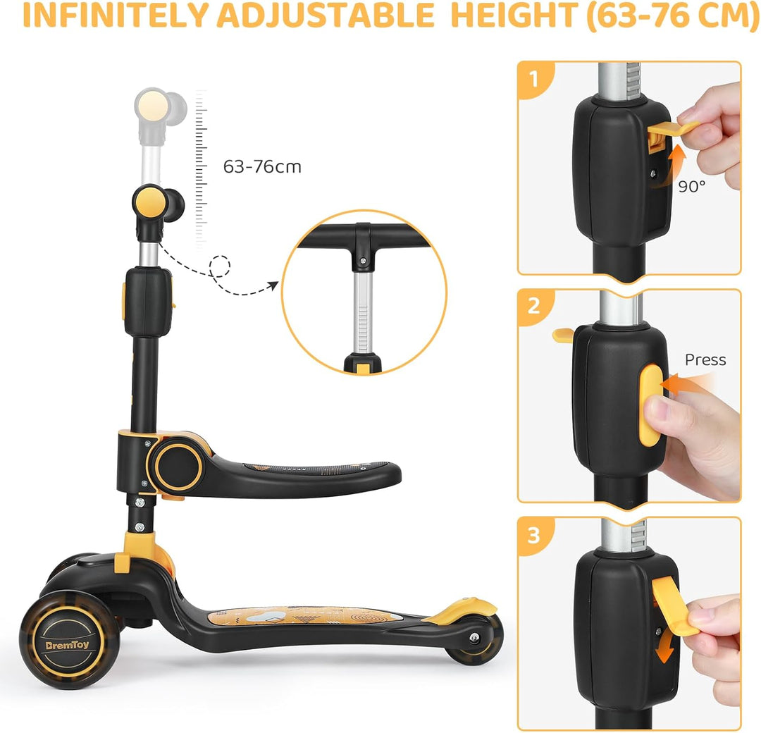 BremToy Kinderroller mit Sitz, Tretroller mit LED Rädern, Kinder Scooter mit Höhenverstellbarem Lenk