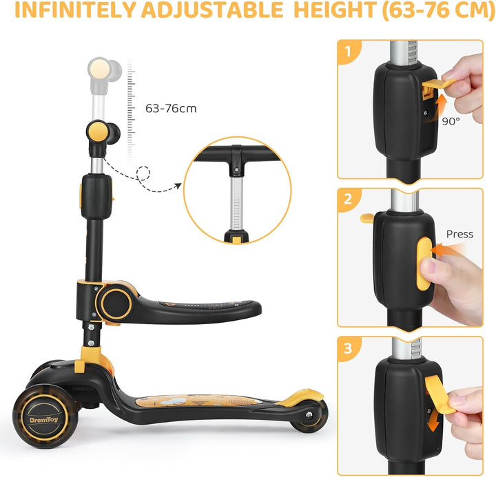 BremToy Kinderroller mit Sitz, Tretroller mit LED Rädern, Kinder Scooter mit Höhenverstellbarem Lenk