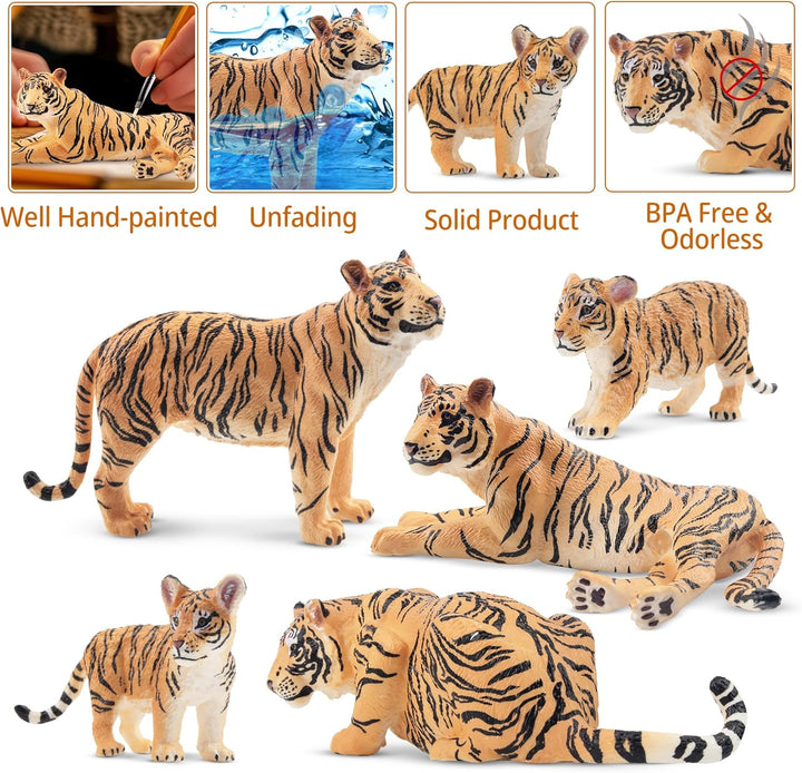 TOYMANY 6 Stück Tiger Tiere-Figuren mit Tigerjungen, Dschungeltierfiguren Spielzeugfiguren, Familien