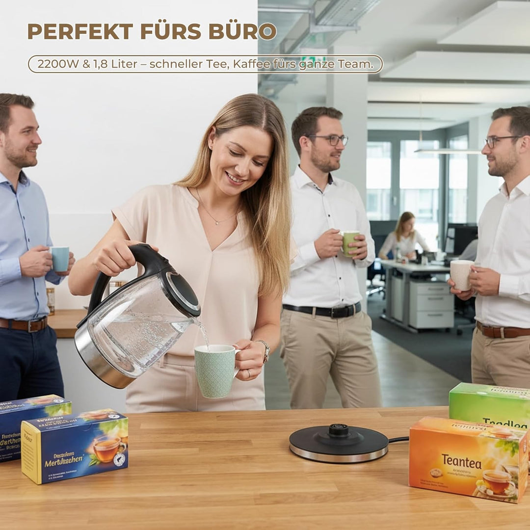 Glas-Wasserkocher 1,8L aus Borosilikatglas & BPA-frei - 2200W mit Blitzaufheizung | Automatische Abs