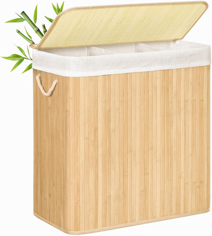 SONGMICS Wäschekorb 3 Fächer, 150 L Wäschesammler mit Deckel, Wäschebox Bambus, mit Griffen, faltbar