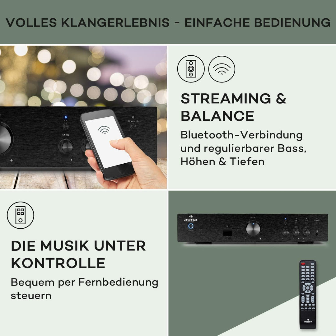 auna Verstärker, HiFi Stereo Mini Verstärker, HiFi-Verstärker mit Bass & Treble Regler, 1 Kanal Audi