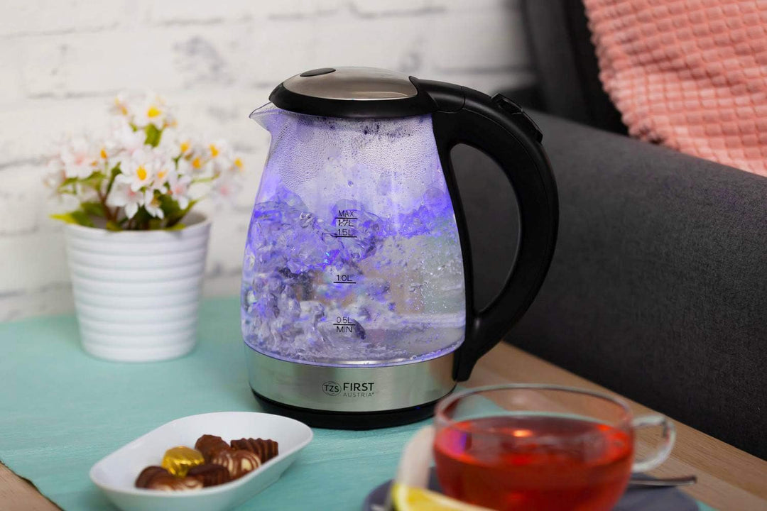 TZS First Austria Glas Wasserkocher 1,7 L, mit Kalkfilter, 2200 Watt, LED Innenbeleuchtung, kabellos