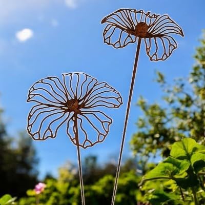 Bornhöft Gartenstecker Hibiskus, Edelrost Rostoptik Metall, 2er-Set, Gartendekoration, Blumenmotiv