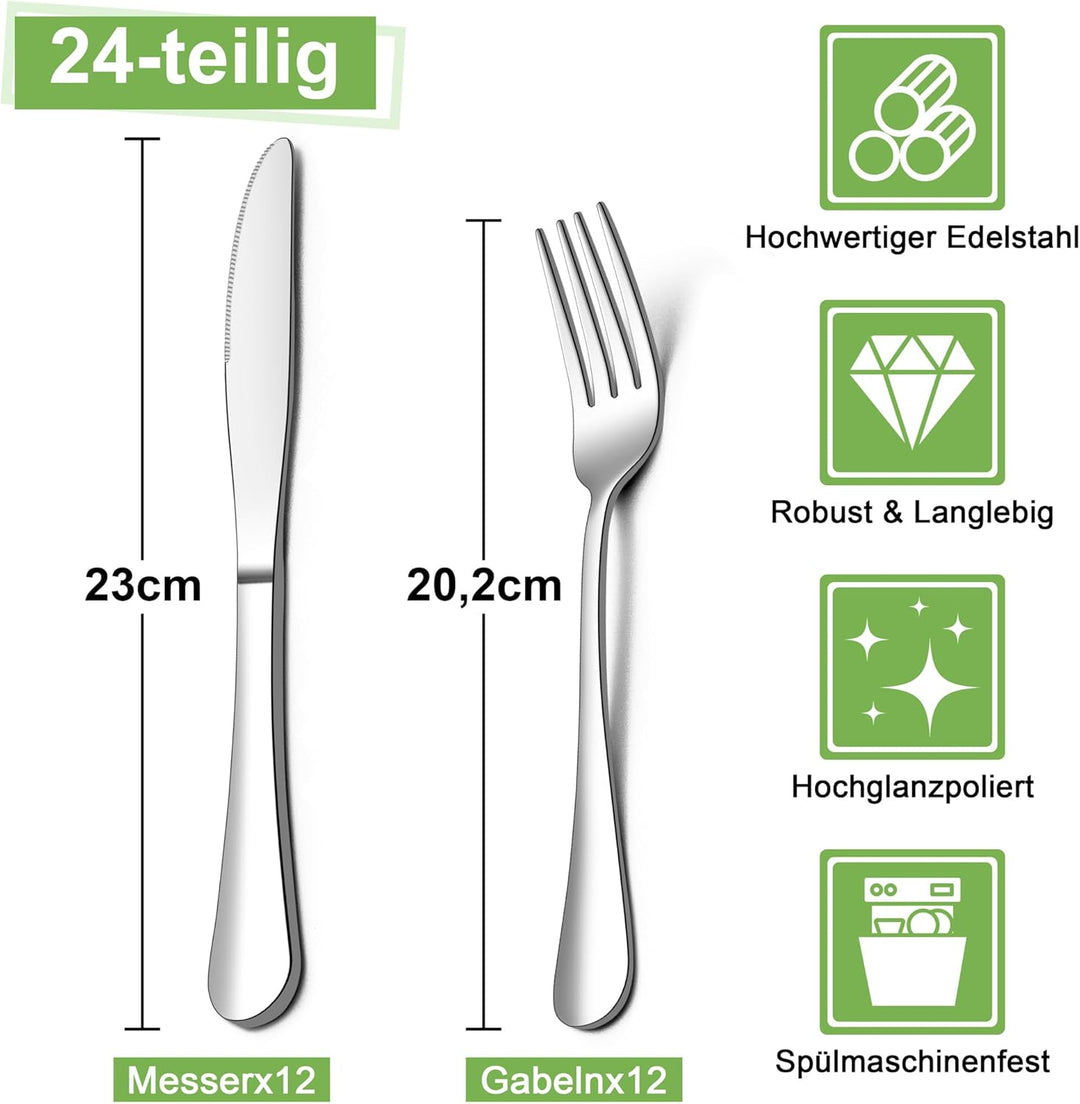 Joyfair Steakbesteck Set, 24-teilig Edelstahl Tafelmesser und Tafelgabeln Set, Steak Besteck Set für